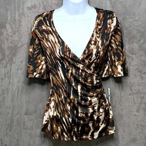 Vtg Y2K AB Studio Faux Wrap Top Women S Brown Abstract Short Sleeve Office Siren